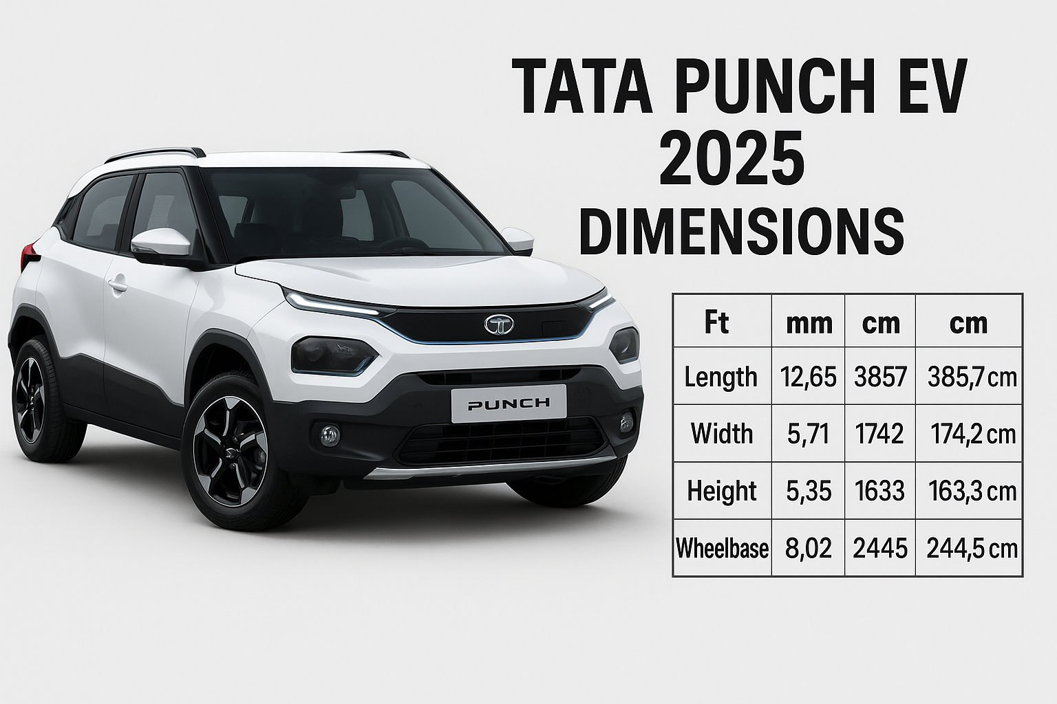 Tata Punch EV 2025 Dimensions in Feet, mm, and cm