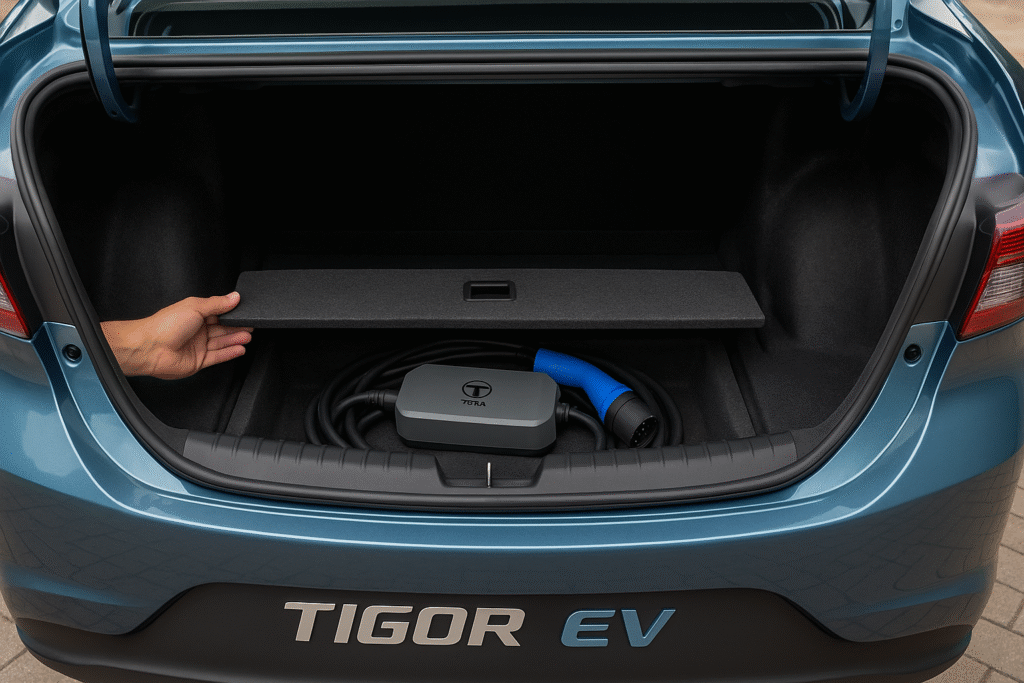 Tata Tigor EV Boot Space with the Charging Cable