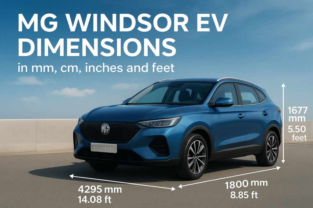 MG Windsor EV dimensions in mm, cm, inches, and feet