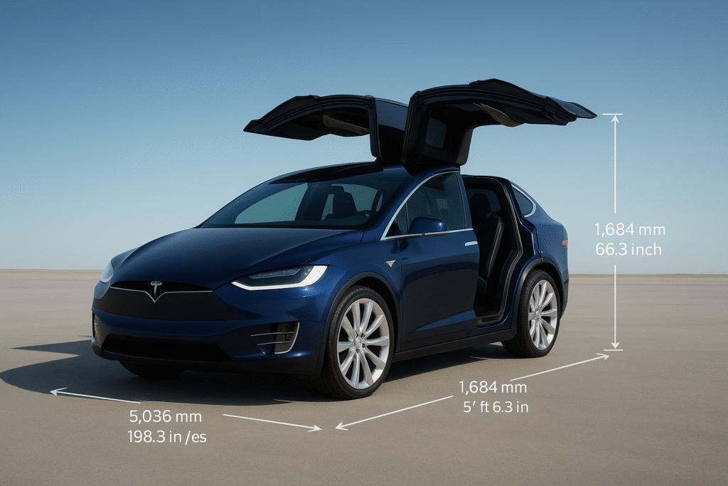 Tesla Model X dimensions in mm, cm, inches, and feet